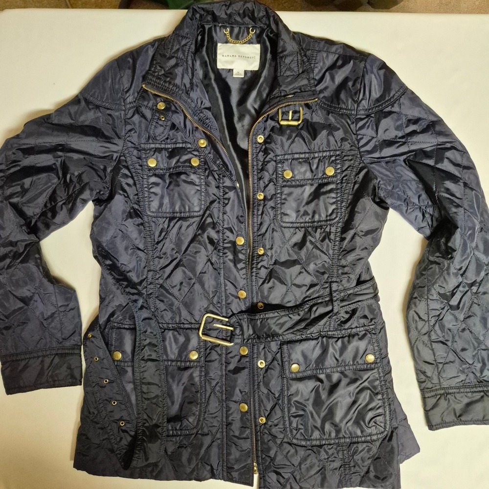 Banana Republic Quilted Belted Jacket Navy Blue Women's Size Medium Puffer Style